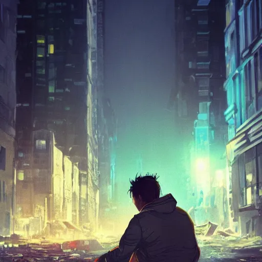 Image similar to the last human sitting in a destroyed city at night, the only light source comes from his smartphone in his hands, the smartphone light is blue, the human is in the style of Irakli Nadar on ArtStation and the city is in the style of Aleksey Pollack on ArtStation, 4k,