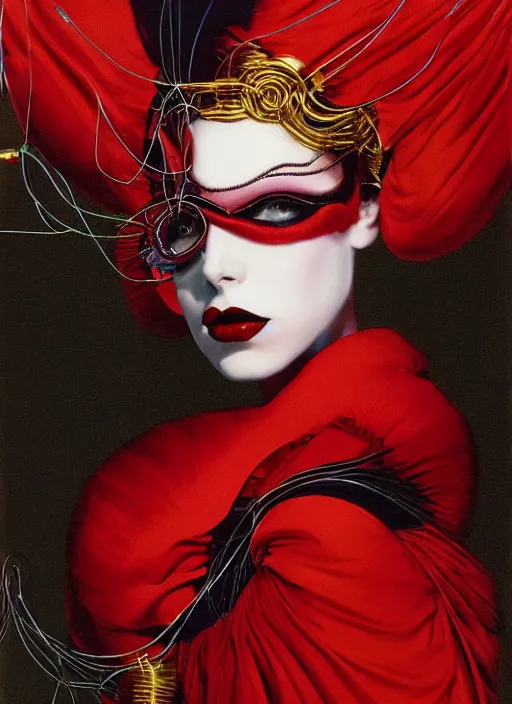 Prompt: an 8 0 s portrait of a woman with dark eye - shadow and red lips with dark slicked back hair, a mask made of wire and beads, dreaming acid - fueled hallucinations by serge lutens, rolf armstrong, delphin enjolras, peter elson, red cloth background