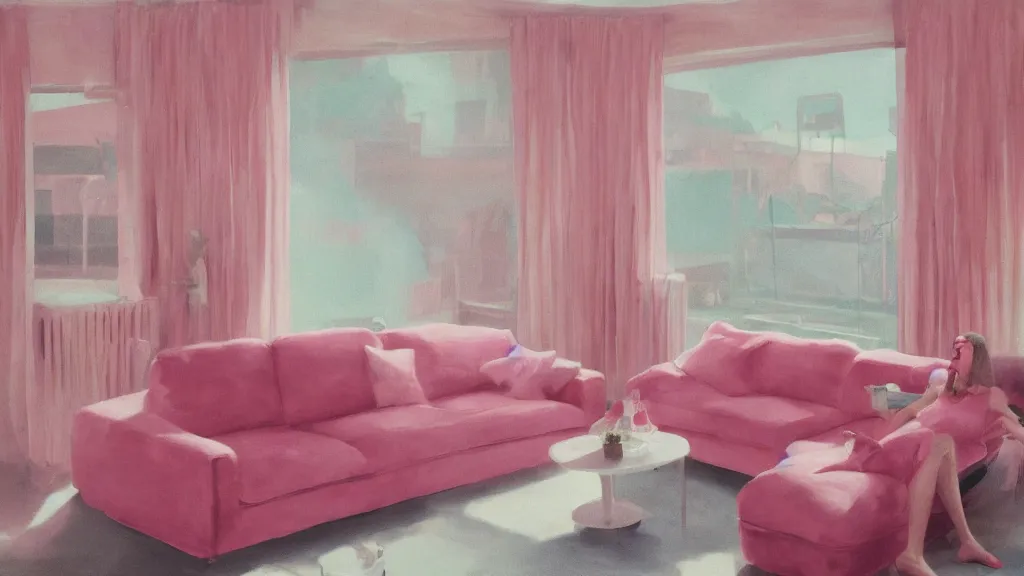 Image similar to pizza party on vintage pink velour sofa, white walls, daytime, soft light through blinds, particles, by herbert james harper, detailed, volumetric lighting, concept art, cinematic, 3 5 mm lens, 4 k