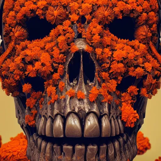 Image similar to skulls and marigold, intricate artwork by Tooth Wu and wlop and beeple. octane render, trending on artstation, greg rutkowski very coherent symmetrical artwork. cinematic, hyper realism, high detail, octane render, 8k, orange and black tones