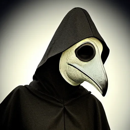 Image similar to female plague doctor donning a black hood, gown, and a white crow mask, trending on artstation