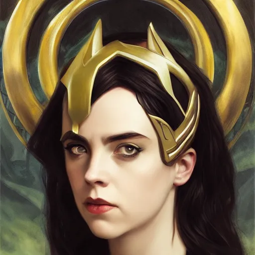 Image similar to Billie Eilish as Loki, Goddess of Mischief, oil on canvas, noir effect, artstation, by J. C. Leyendecker and Edmund Blair Leighton and Charlie Bowater,--width 1600