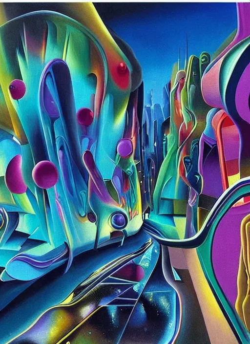 Prompt: an extremely high quality hd surrealism painting of a 3d galactic neon complimentary-colored cartoony surrealism melting optically illusiony high-contrast zaha hadid city street by kandsky and salvia dali the second, salvador dali's much much much much more talented painter cousin, clear shapes, 8k, ultra realistic, super realistic