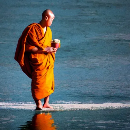 Prompt: !dream a Buddhist monk floating above water with an ice cream ::