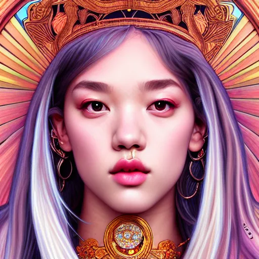 Image similar to portrait of jossi of blackpink, goddess of the moon, highly detailed, digital painting, smooth, sharp focus, illustration, ultra realistic, 8 k, art by artgerm and alphonse mucha