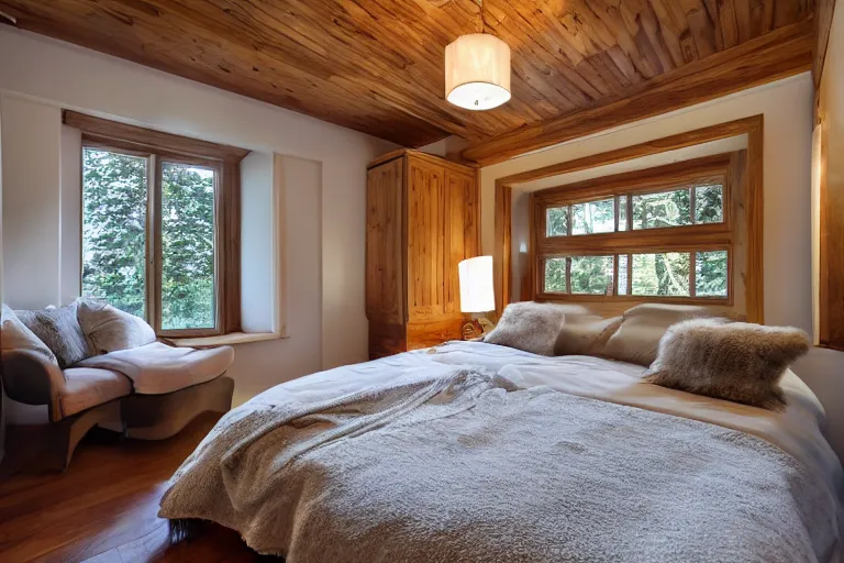 Image similar to a wardrobe with one of its doors open with winter inside it, luxurious bedroom with wooden floor and sunbeams streaming through the window
