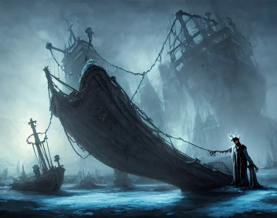 Image similar to frozen zombie man with a crown, eyes glows, broken sailing ship boat in the background, is at dawn and bluish, fantasy, intricate, elegant, highly detailed, digital painting, artstation, concept art, matte, sharp focus, illustration, art by aenaluck and roberto ferri and greg rutkowski, epic fantasy, digital painting