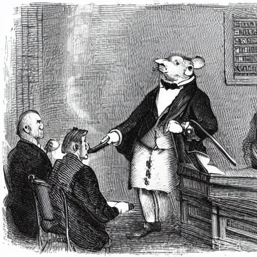 Prompt: templeton the rat as an 1800s barrister arguing his case in a stuffy courtroom