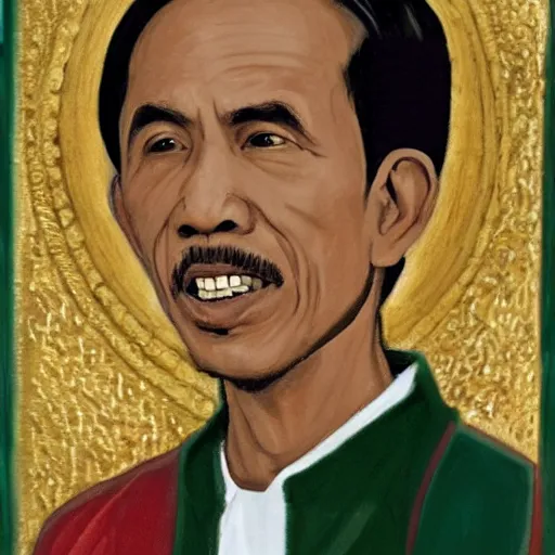 Image similar to Jokowi as saint,with ortodhox syrian painting styles,with realistic details and authentic historical art