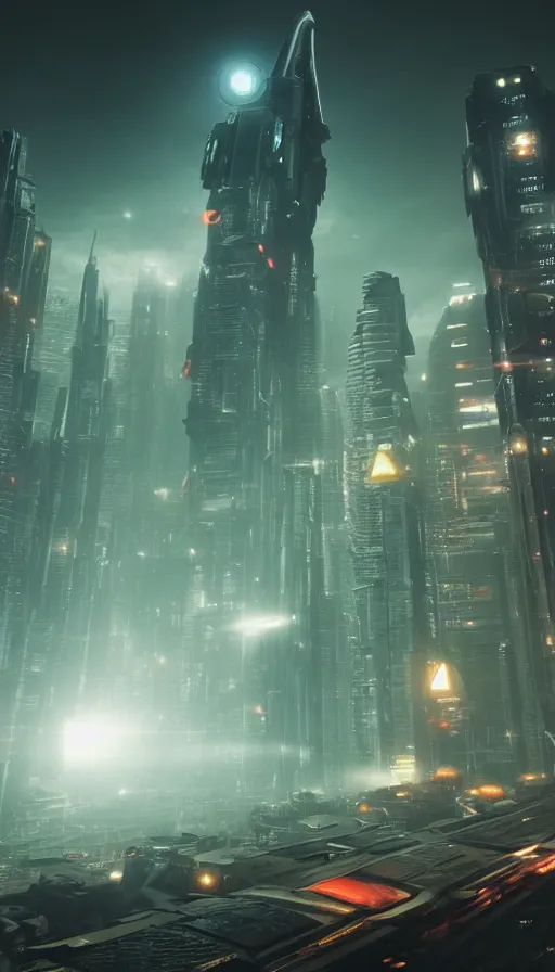 Image similar to an otherworldly futuristic Blade Runner cityscape with the planet Saturn looming large in the background, ultra realistic, 8K