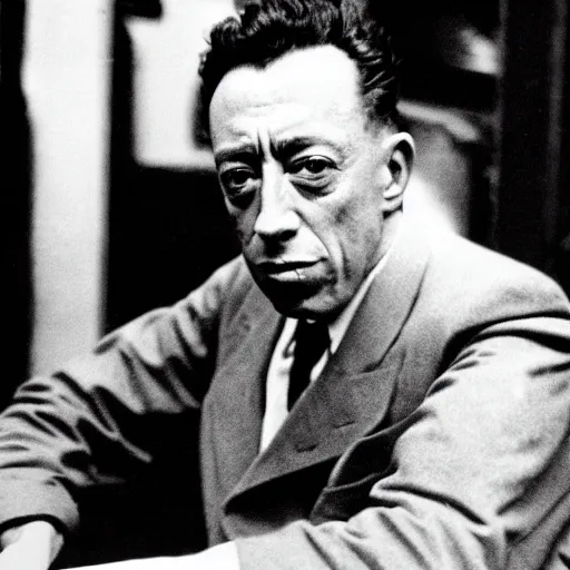 Image similar to 8k black and white photograph portrait of Albert Camus sticking his tongue out. National Geographic.