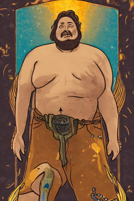 Image similar to an ethereal tarot card painting of a shirtles sly cowboy with a chubby build and beer belly hunched over | background is a serene campfire | tin cans and jugs of whisky | tarot card, art deco, art nouveau | by Mark Maggiori | trending on artstation