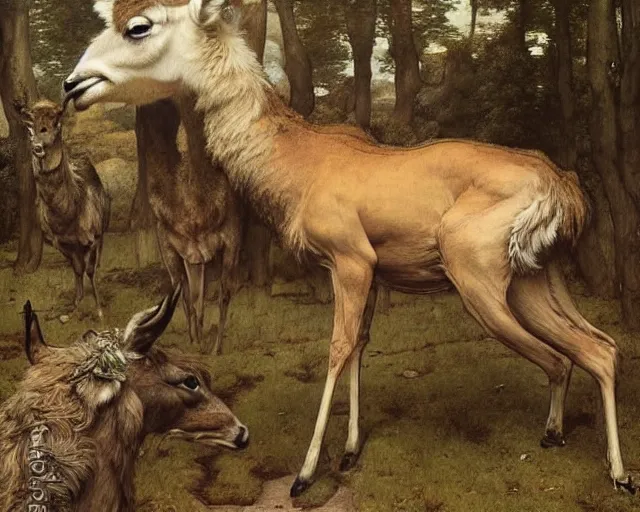 Prompt: Lama, Deer, Dog, Horse combined; fantastic sick damned mutant beast infected exposed damaged skin inflated blisters by Arthur Rackham, Eugene de Blaas, Frederic Leighton, Tom Bagshaw, Ivan Shishkin, Hans Thoma, Asher Brown Durand