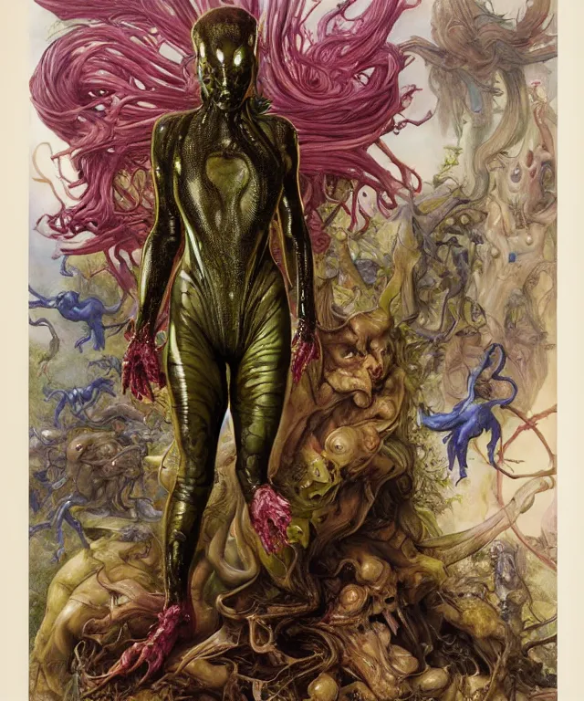 Prompt: a portrait photograph of a fierce mutated hybrid super villian with slimy skin. she looks like cate blanchet and is showing off a colorful infected bulbous shiny organic catsuit. by donato giancola, hans holbein, walton ford, gaston bussiere, peter mohrbacher and brian froud. 8 k, cgsociety, fashion editorial