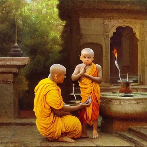 Image similar to old srilankan buddhist monk pouring liquid gold like water into buddhist monk kid head in baroque style, painting by gaston bussiere, craig mullins, j. c. leyendecker, lights, art by ernst haeckel, john william godward, hammershøi,