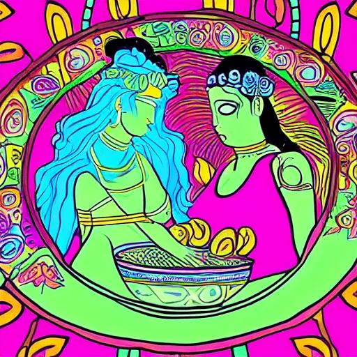 Image similar to goddess hera in a trippy room doodling rock symbols on the wall while aphrodite is making soup with rose petals inside a cauldron, digital art