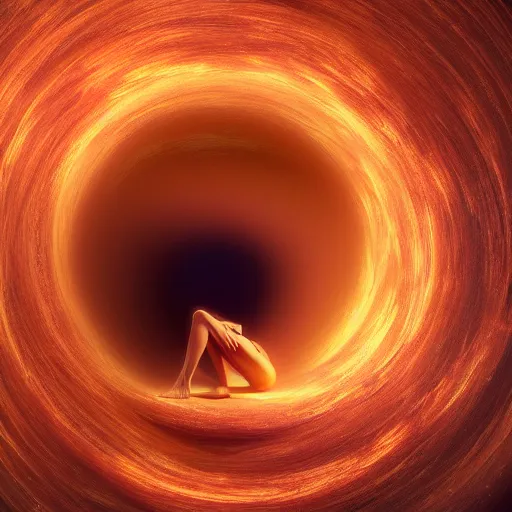 Prompt: A stunning young ethereal figure, delicately positioned and entwined in vibrant sun golden hues, is being drawn into a blackhole, Fantasy, hyperrealism, 4k, volumetric lighting, three dimensions, spaghettification, a digitally transformed world, user interface design, 3D modeling, artstation, illustration, and transportation design. art by Andrew Chiampo, Frederik Heyman and Jonathan Zawada, 4k