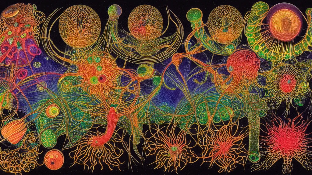 Prompt: quantum connections represented as symbiotic organisms like cells playing around with colorful lights by ernst haeckel, smooth, sharp, realistic