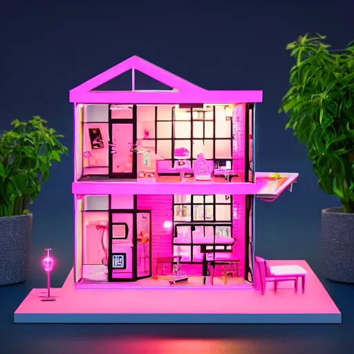 Image similar to a cute pink cyberpunk tiny doll house, barbie house by mattel, cute little garden, octane rendered, led lighting, 4 k