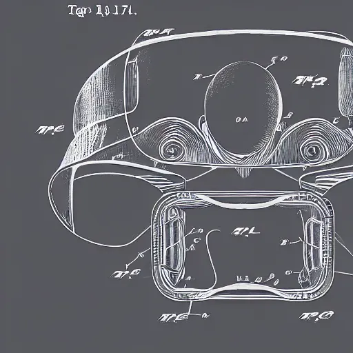 Image similar to a patent drawing of an intricate detailed vr headset from the future, extremely detailed alien technology vr!!! headset, with arrows and side angels