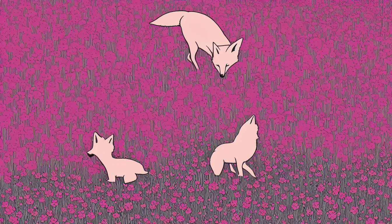 Image similar to pink fox in a field of flowers by Kilian Eng, minimalist, detailed