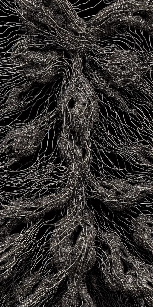 Image similar to a photorealistic render of an abstract organic sculpture made of melted metal and bioluminescent beings on a black background, c 4 d, by zhelong xu ouchh studio and ernst haeckel, wide angle, hyper realistic, plain black background, 8 k, volumetric lightning, octane render