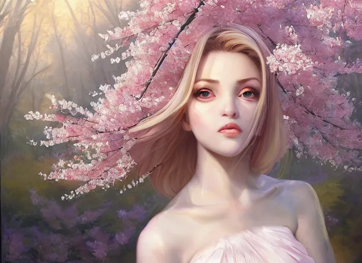 Prompt: Beautiful oil painting of Mercy in a Sakura Tree forest by Artur Tarnowski and Titian and Mandy Jurgens, portrait, Overwatch, symmetrical face, blush, intricate, wearing white uniform, face, blue iris eyes, large eyes, platinum blonde hair, slim face, pointed chin, elegant, Angela Ziegler, (light yellow mist), pink forest, angelic, highly detailed, dramatic lighting, sharp focus, hyper realistic, octane render, raytracing, trending on artstation, artstationHD, artstationHQ, unreal engine, 4k, 8k