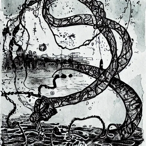 Prompt: a ghost swimming underwater in dirty murky mussy water and ink, vines, weeds, tendrids