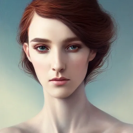 Image similar to tom bagshaw portrait, very beautiful scientist in a full dress and long thin lustrous auburn hair, professionally retouched, focus eyes, ultra realistic soft painting, insanely detailed linework, symmetrical accurate intricate features, behance, 8 k