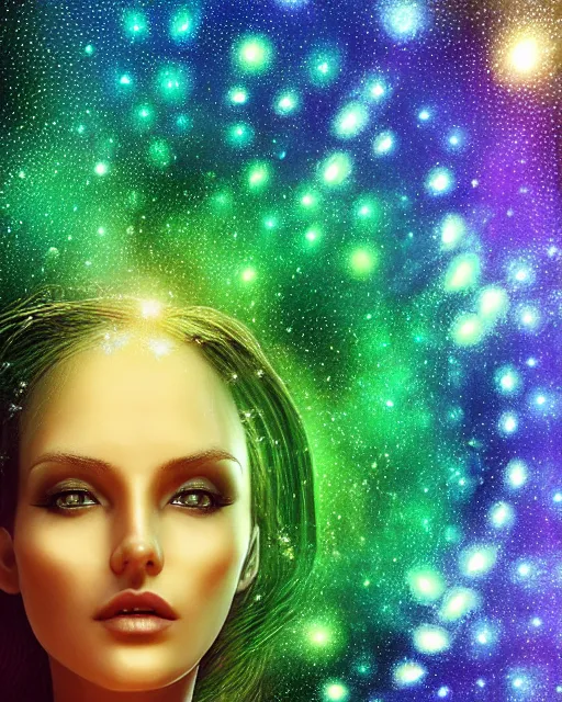 Image similar to a beautiful womans green eye reflecting a sky full of stars, hyper realistic, fractal algorightmic art, art station, coherent design, symmetrical, vivid color, complementary color, golden ratio, detailed, sharp lines, intricate, rainbowshift, in unreal 3 d engine, nvidia optix, ray tracing, octane render