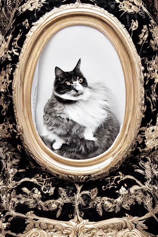 Image similar to a silver gelatin photo portrait of a royal cat, editorial photo from cat lovers magazine, outrageously fluffy, on an embroidered velvet cushion on a neo - rococo gilded little bed, photography, wide shot