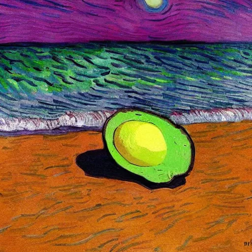 Prompt: avocado on beach sunbathing in beet sea at sunset with beer on hand, art by van gogh