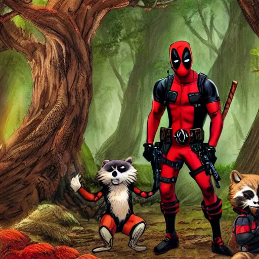 Image similar to deadpool and rocket raccoon in the woods digital art 4 k detailed