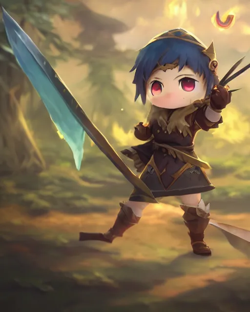 Image similar to oil painting of a cute chibi MapleStory warrior,, attacking, casting a spell with a spear, wearing a MapleStory warrior outfit, sharp focus, fantasy style, octane render, volumetric lighting, 8k high definition, by greg rutkowski, highly detailed, trending on artstation, magic the gathering artwork, Perion background from MapleStory, centered