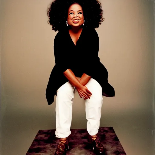 Prompt: oprah winfrey standing on the head of a midget, studio portrait, 3 5 mm