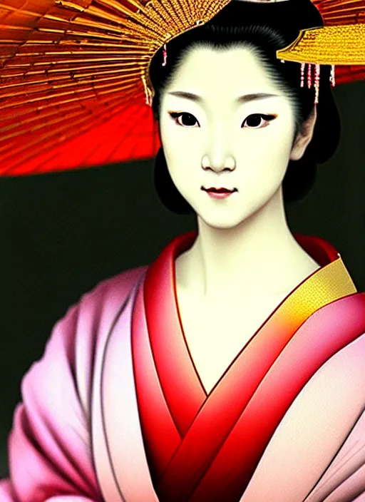 Prompt: sexy glamorous young Geisha closeup portrait, beautiful pale makeup, pearlescent skin, elegant pose, very detailed, highly detailed kimono, photorealism, sharp focus, soft diffuse autumn lights, some sunlight ray, zen temple background, painted by Leonardo da vinci and moebius