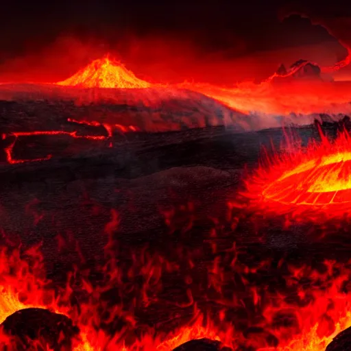 Image similar to hell, inferno, fire, lava, damned souls, matte painting, ethereal, city