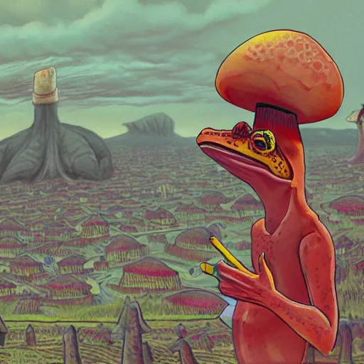 Image similar to A centered chest up portrait of a psychedelic demonic anthropomorphic frog smoking a hand-rolled cigarette smoking heavily , magic mushroom village in background . award winning. superb resolution. in the art style of junji Ito and greg rutkowski . Detailed Mushroom city in background. Hyper realistic anime. Perfect art. Dalle2