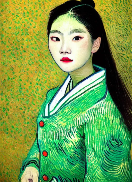Image similar to portrait of a beautiful chinese shanghai city girl, danfeng eyes, open mouth, green shades, beautiful face, rule of thirds, intricate outfit, spotlight, painting by van gogh, digital