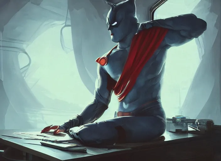 Image similar to an insanely detailed painting of an asian man wearing a homemade superhero costume, sitting at a desk, staring seriously at the computer and typing, in the style of peter mohrbacher, james jean, artgerm, dramatic lighting and composition, surreal background, octane render, pixar, trending on artstation, concept art, comic book, view from behind, 8 k