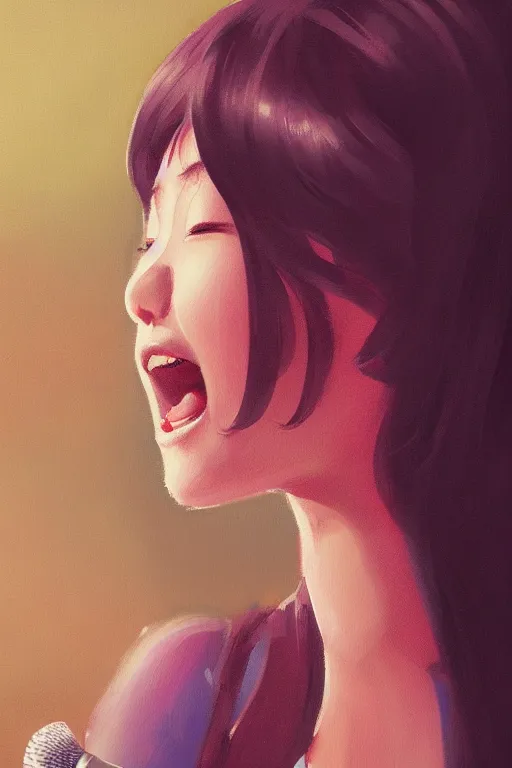 Image similar to a painting of cute Asian girl singing, short hair, in the style of DreamWorks animation, low angle view, 16mm lens, award winning, hyper detailed, dramatic lighting, artstation, octane renderer, unreal engine