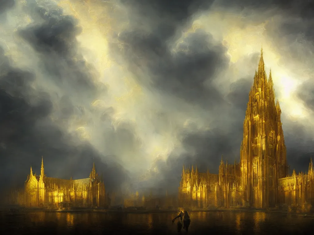 Prompt: breathtaking detailed painting of a detailed golden cathedral amid white clouds in the sky, above the ground with the sun shining through tumultuous clouds, colorful stained glass with one person standing in front, rembrandt style, hyper detailed, volumetric lighting, concept art, matte, sharp focus, 8 k, by tom bagshaw, and greg rutkowski