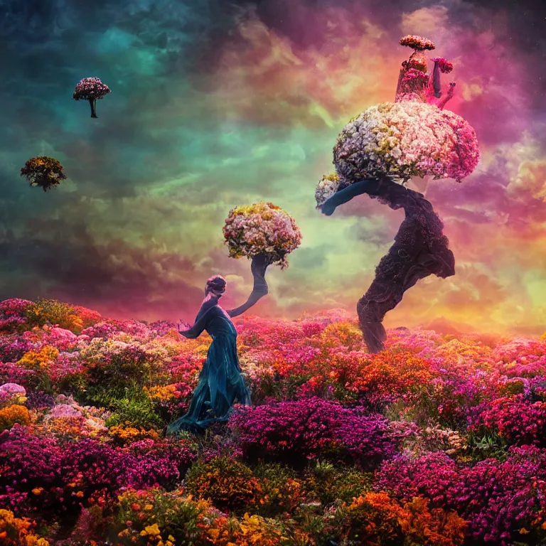 Image similar to a planet of various flowers, fungus and plants, in which the singular human figure is dressed in something magical and impressive, inside the picture is infinity, sunset light, Atmospheric phenomenon, artistic photography, muted colors, conceptual, long exposure outside the city, volumetric light