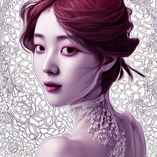 Image similar to the portrait of an absurdly beautiful, graceful, elegant, sophisticated, fashionable young gravure idol made of strawberries and white petals, an ultrafine hyperdetailed illustration by kim jung gi, irakli nadar, intricate linework, bright colors, octopath traveler, final fantasy, unreal engine 5 highly rendered, global illumination, radiant light, detailed and intricate environment