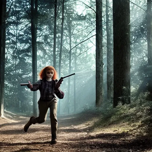 Image similar to Sadie Sink (Maxine Mayfield) for Stranger Things holding a gun and running in a forest, dramatic lighting, cinematic, establishing shot, extremely high detail, photo realistic, cinematic lighting