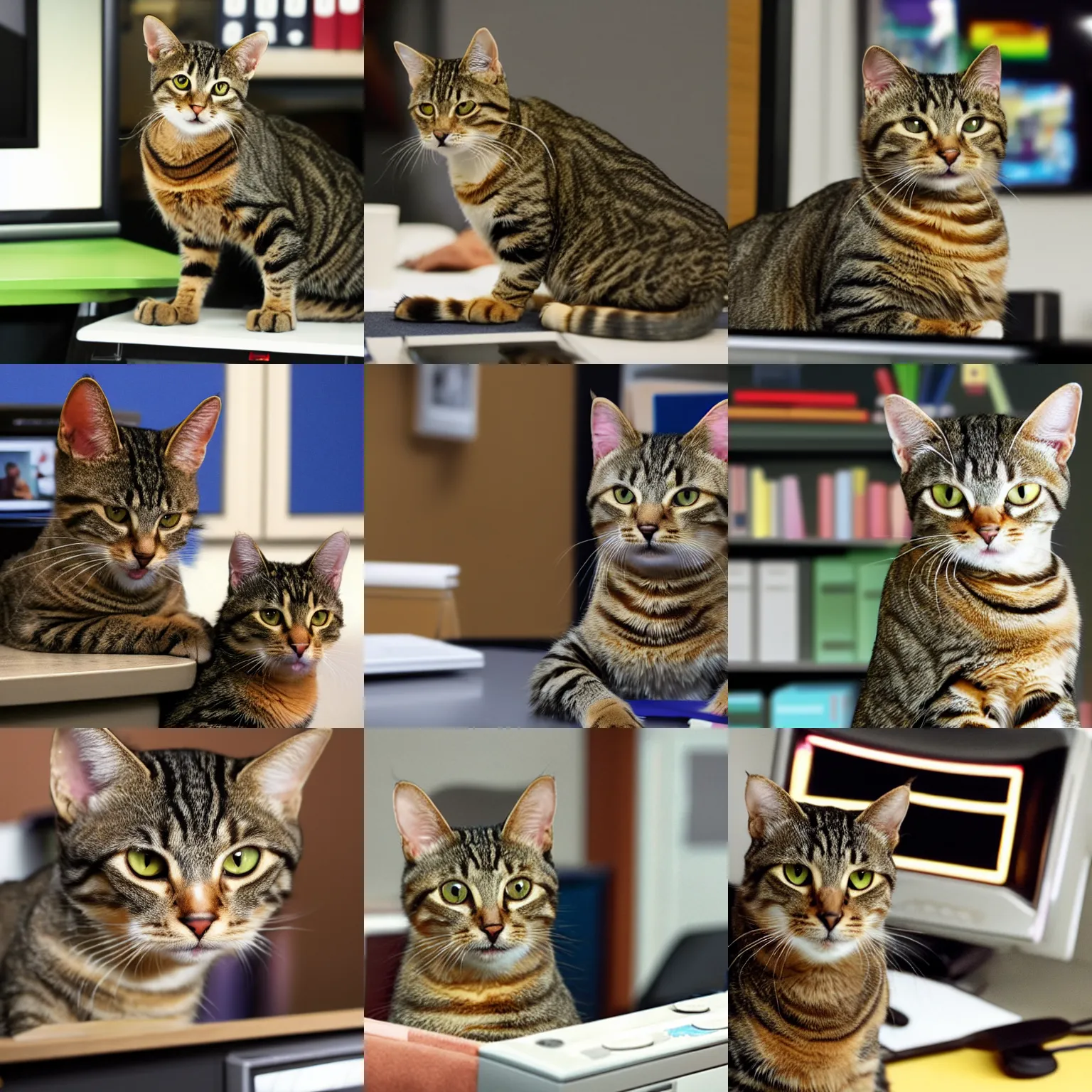 Prompt: a tabby cat in the office tv show