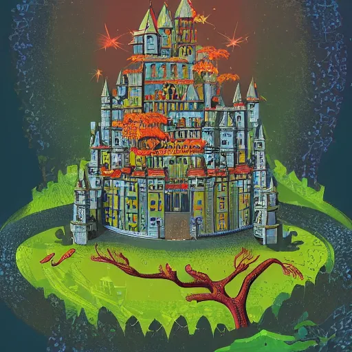 Image similar to A computer art that features a chimpanzee surrounded by a castle turret. The chimp is shown wearing a crown and holding a scepter, and the castle is adorned with banners. biopunk by Eyvind Earle, by Nikolina Petolas kaleidoscopic