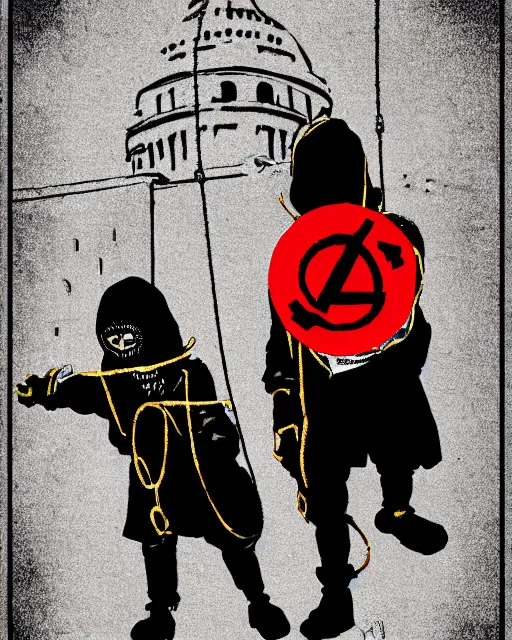 Image similar to manga color drawing of two hooded kids with gas masks hanging in ropes paint a giant anarchist graffiti on the dome of the capitol building, epic photography, dystopin future , 8k