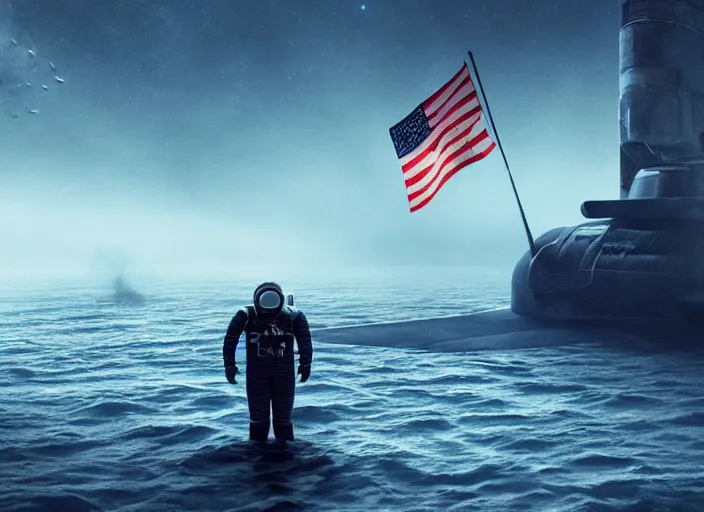 Image similar to astronaut holding a flag in an underwater desert. a submarine is visible in the distance. dark, concept art, cinematic, dramatic, atmospheric, 8 k, trending on artstation, blue, fish, low visibility, fog, ocean floor, christopher nolan, interstellar