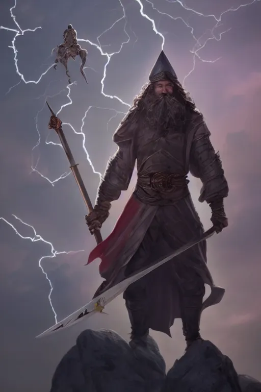 Prompt: wizard holding a sword that’s pointed towards the sky, getting shocked by lightning, octane, trending on artstation, hyper realistic, highly detailed